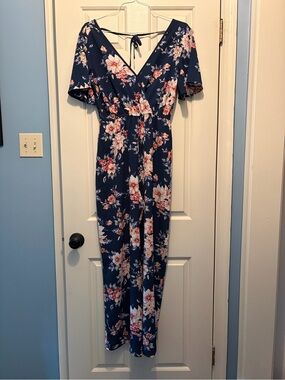 Xhilaration Navy Floral Wrap Romper with Pink Accents
